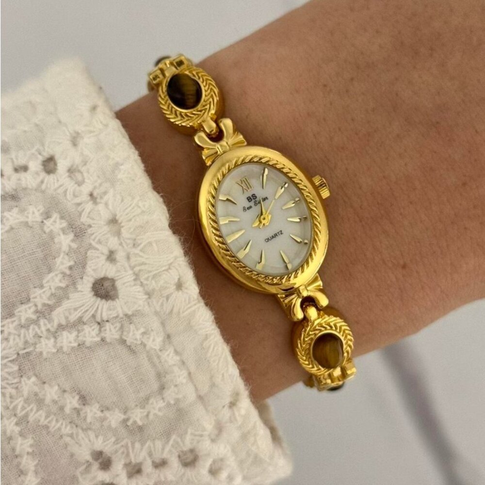 SKU:0449 Gold white watch‎ brown natural stones + in gift bag Stainless steel